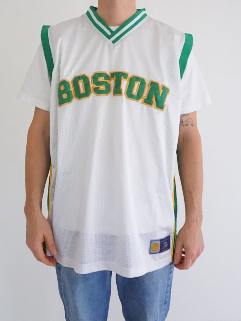 Vintage Boston White Green Yellow Mesh Basketball Jersey Athletic Sports Top XL
